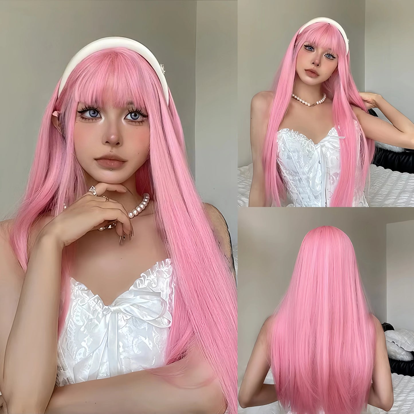 White Long Straight Synthetic Wigs for Women Colorful Cosplay Party Fake Hair with Bangs White Wig HighTemperature