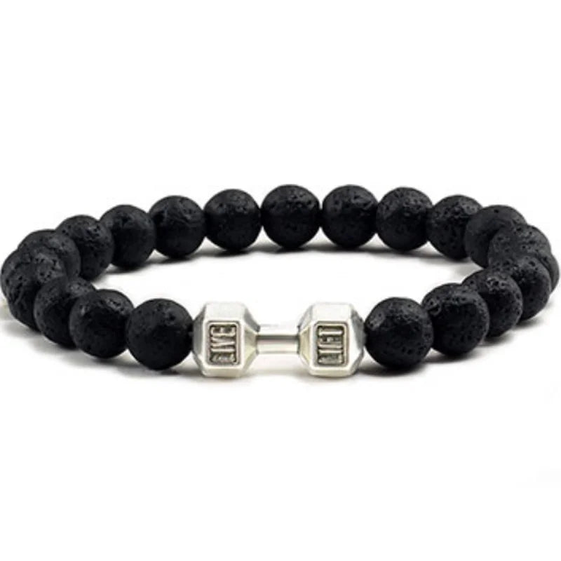 Natural Black Volcanic Lava Stone Dumbbell Bracelet Black Matte Beads Bracelets For Women Men Fitness Barbell Jewelry Pulseras