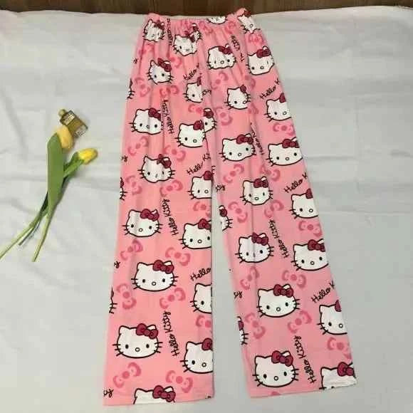 Cartoon Hello Kitty pajama pants for men and women spring and summer thin loose couple casual home pants walking pants