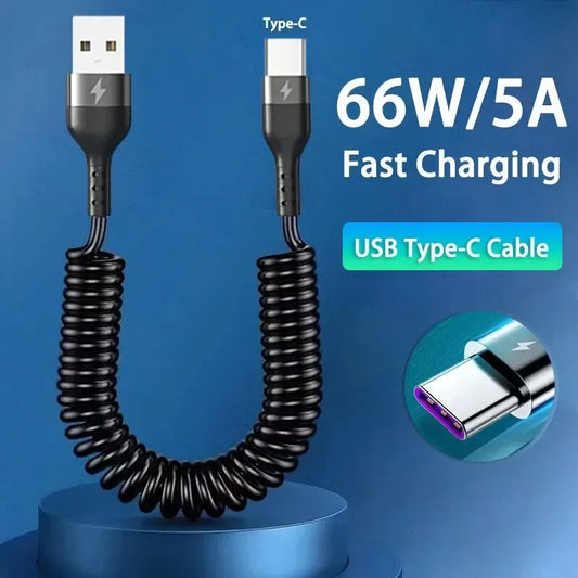 Fast Charging Type C to Type C Spring Telescopic Cable For iPhone 15 14 Samsung Xiaomi OnePlusCar USB Type C 66W & LIGHTNING PD