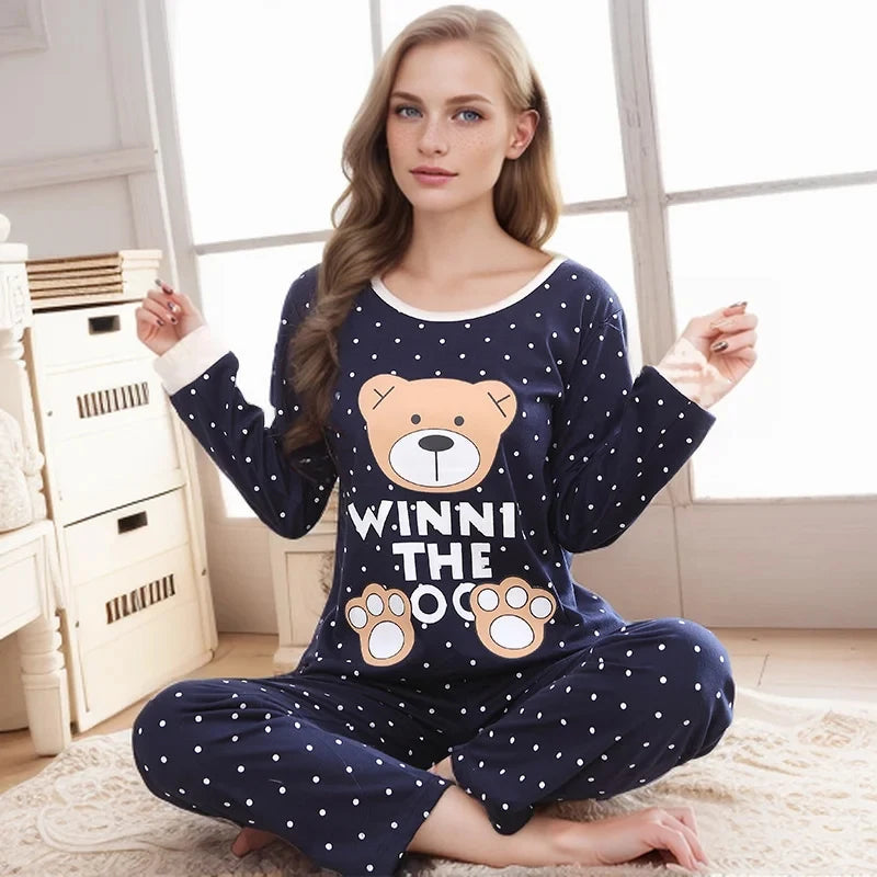 2PCS/Set Women Fashion Long-Sleeved Pajamas Autumn Winter Cartoon Love Bear Cute Soft Loose Casual Omfortable Outside Homewear