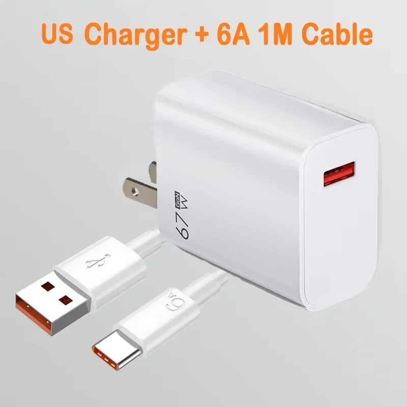 67W USB Fast Charging Wall Charger Power Adapter 6A Type C Cable For Xiaomi Redmi Note11 Mobile Phone Quick Charging Accessories