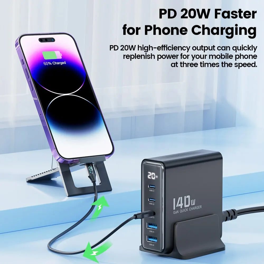 Toocki 140W GaN USB Charger 5in1 Desktop Fast Charge USB Type C Charger LED Display Charger For iPhone Xiaomi Smartphone Laptop - Shoppiline