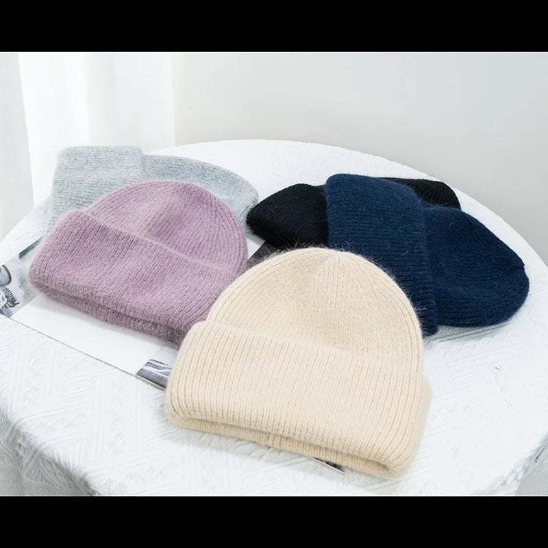 Bonnets d'hiver pour femmes en fourrure de lapin tricotés, bonnets épais à revers, bonnets amples et doux pour le ski.