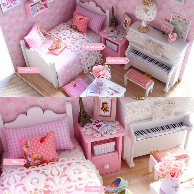 Kitten Mini Doll House 3D Puzzle Assembly Model Building Kit Creative Room Bedroom Decoration With Furniture Wooden Crafts Gifts - Shoppiline
