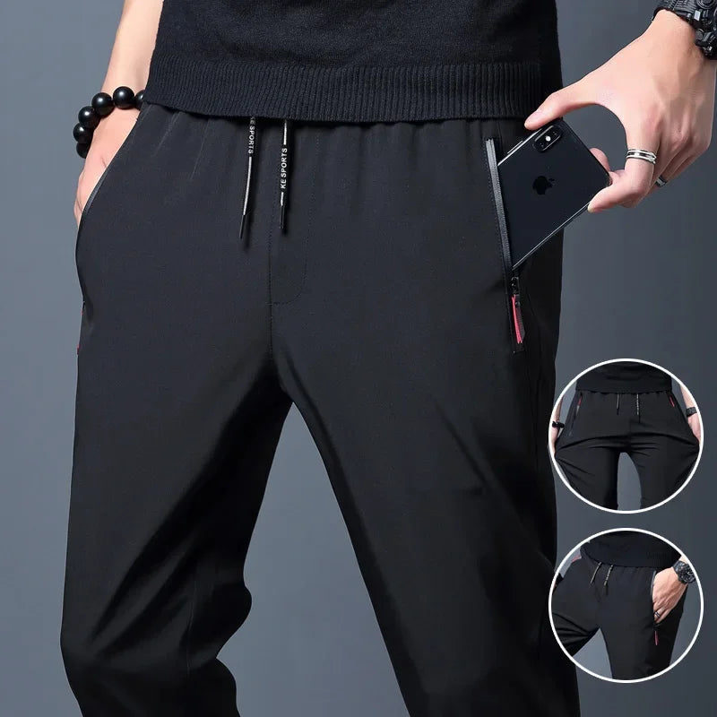 Herren Freizeithosen Gerade Schmale Passform Elastischer Bund Jogger Koreanische Klassische Blau Schwarz Grau Herrenmarkenhosen Übergröße