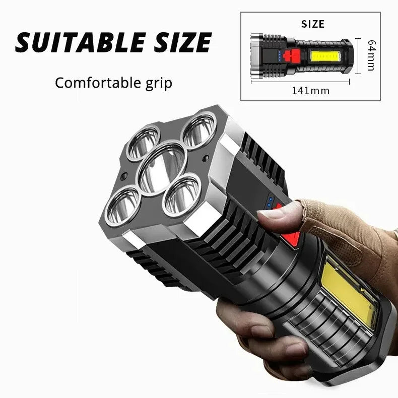 High Power Rechargeable Led Flashlights 7LED Camping Torch With Cob Side Light Lightweight Outdoor Lighting ABS Material