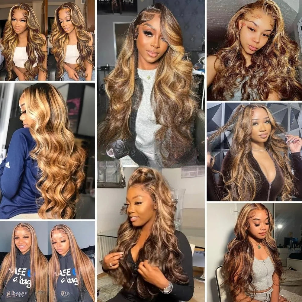 30 Zoll Honigblond Ombre Lace-Front-Perücke Echthaar 13x4 HD Lace-Front-Perücke 4/27 Highlight Ombre Body Wave Lace Frontal Ohne Kleber