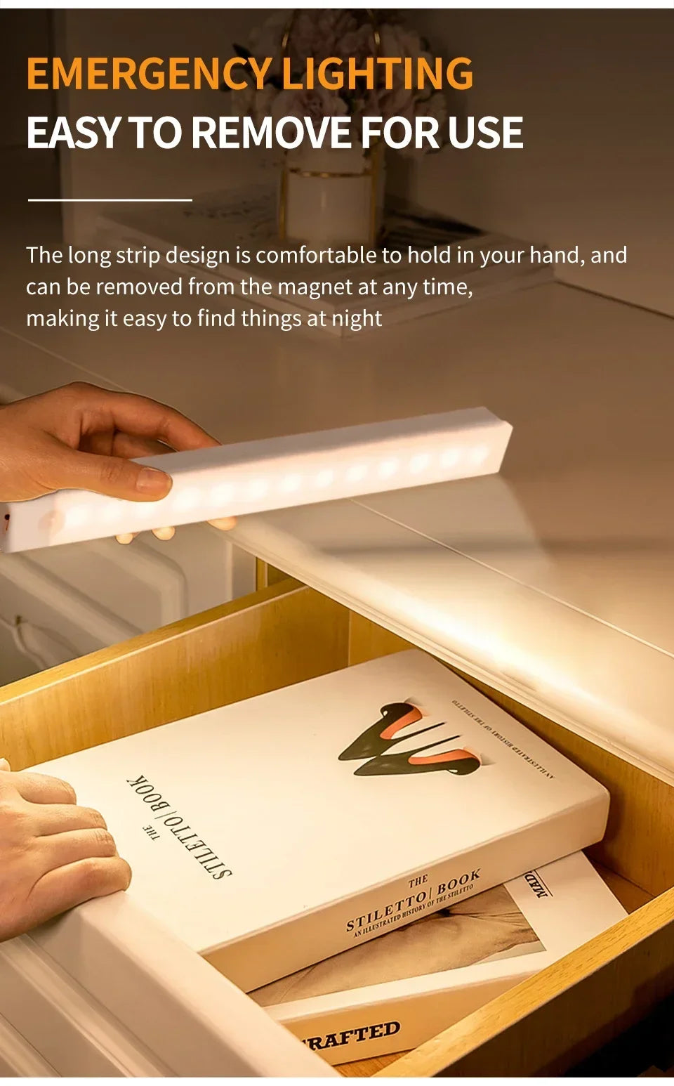 LED Motion Sensor Light Wireless Night Light Rechargeable Long Strip Bar Lamp for Kitchen Cabinet Wardrobe Bedside Staircase
