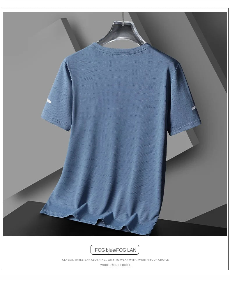 Laufendes T-Shirt Herren Sommer Eisseide Dünnes Oberteil Reflektierender Druck Schnell Trocknend Kurzarm Atmungsaktives Fitness Sport T-Shirt 5XL