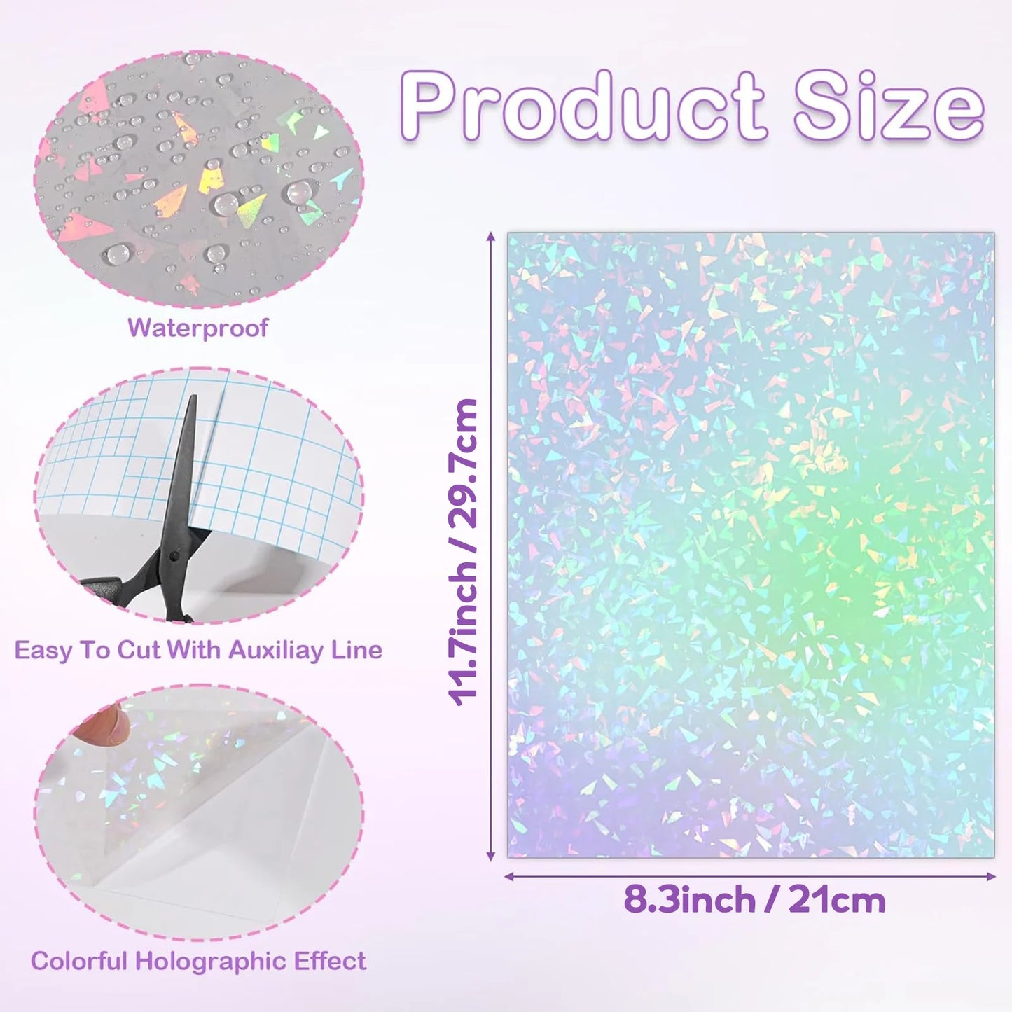 40 Blatt A4 Klare Holografische Kaltlaminierfolie 21 x 29,7 cm Selbstklebende Folie 4 Stile Gemischt: Diamant, Regenbogen, Sterne, Punkte