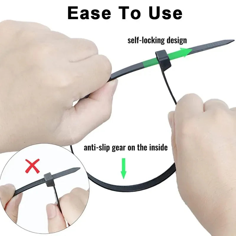 100PCS Plastic Nylon Cable Ties Self-locking Cord Ties Straps Adjustable Cables Fastening Loop Home Office Wire Zip Ties