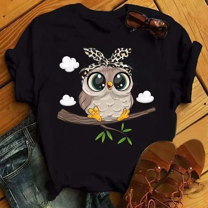 T-shirt imprimé hibou de dessin animé femmes Kawaii chemises graphiques décontractées à manches courtes t-shirt noir femme col rond Harajuku