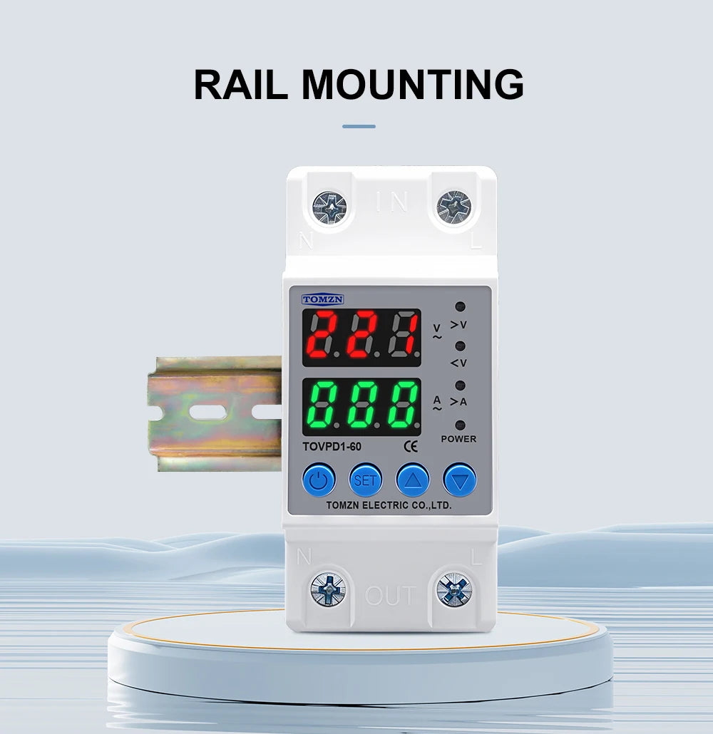 DIN Rail Dual Display Adjustable Over Voltage Current And Under Voltage Protective Device Protector Relay 40A 63A 80A 220V 230V