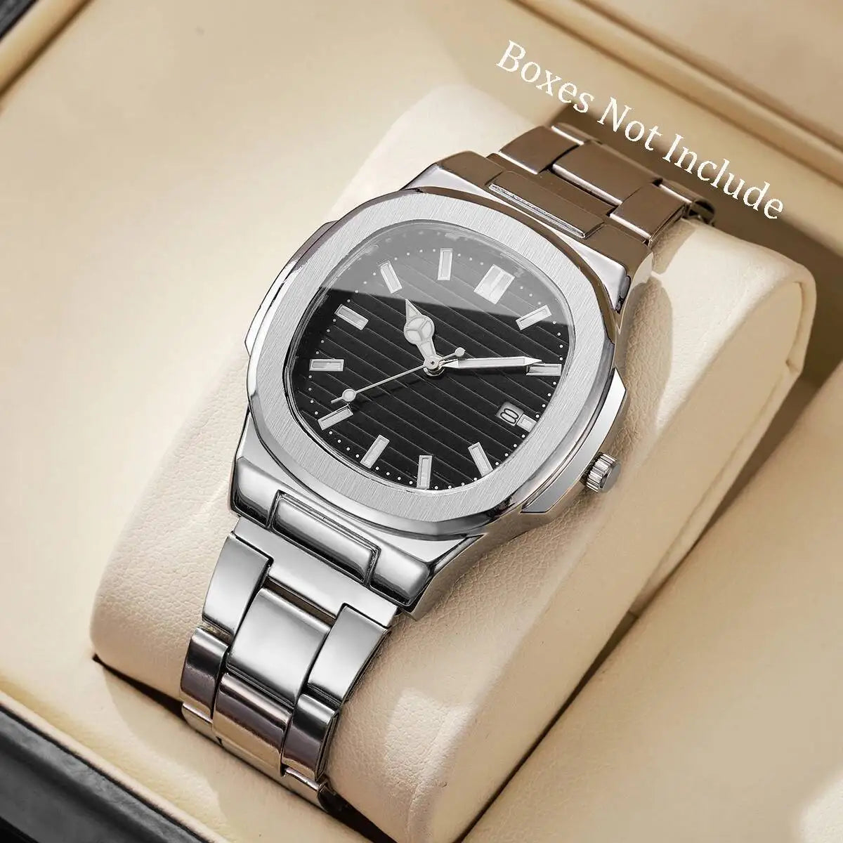 Luxus Herren Business Uhren Mode Quadratisches Zifferblatt Edelstahlarmband Quarzuhr mit Kalender für Herrenuhr (Ohne Box)