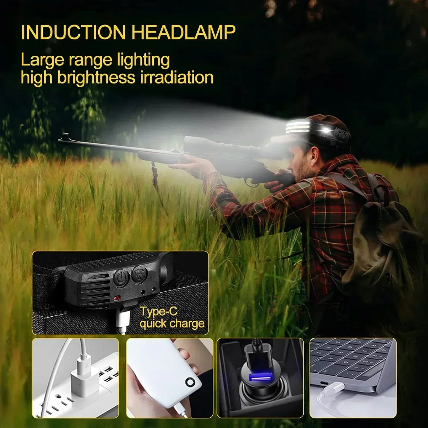 Induction LED Headlamp 1200Mah Rechargeable Waterproof Lightweight Flashlight Working Hiking Camping Running Portable Lantern