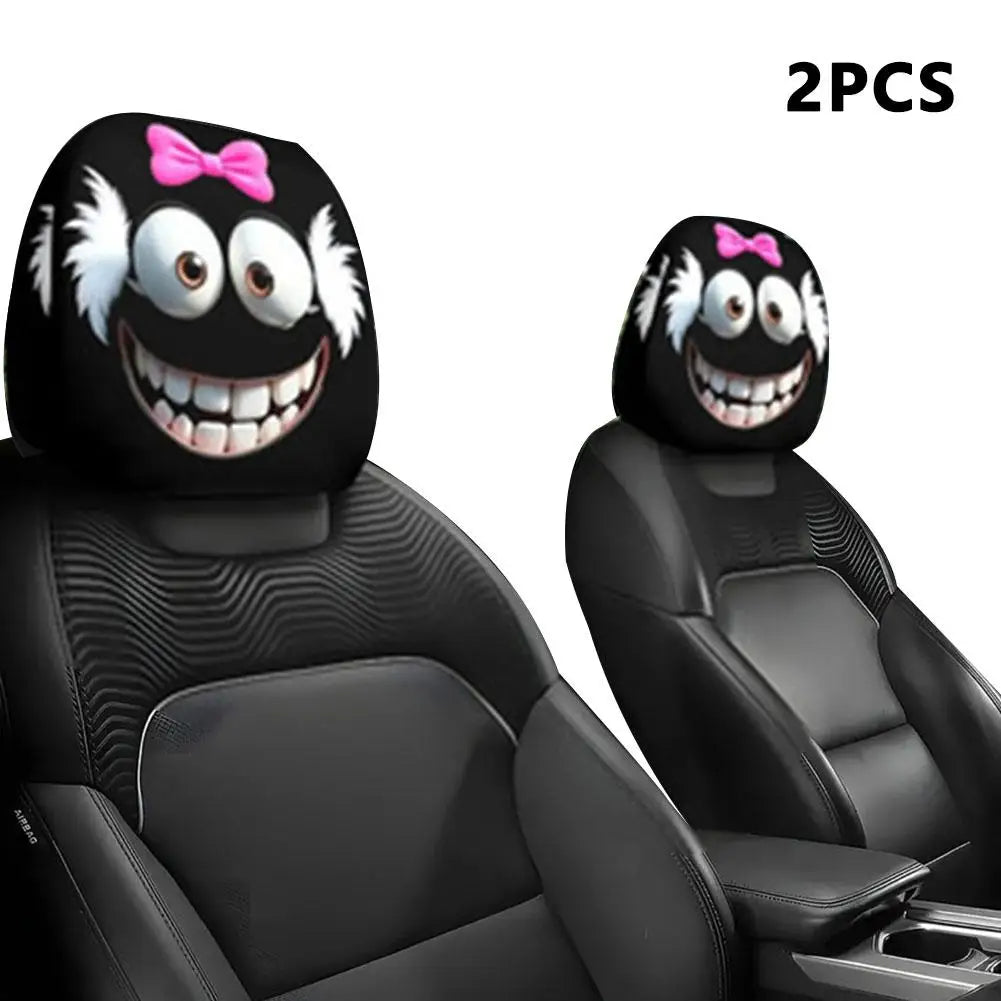 2pcs Smiley Face Printed Car Pillowcase Soft Comfortable Decorative Cushion Cover Auto Seat Headrest Washable Polyester Fabric