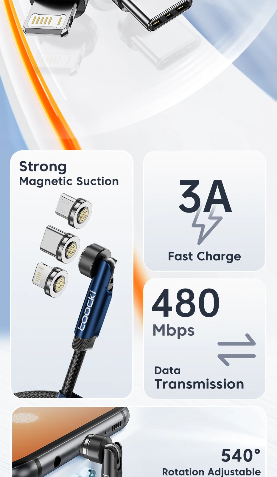 Toocki 540 Rotate Magnetic USB Type C Cable For iPhone 12 X Xiaomi Fast Charger Micro USB Type-C Magnet Charging Cable Data Wire