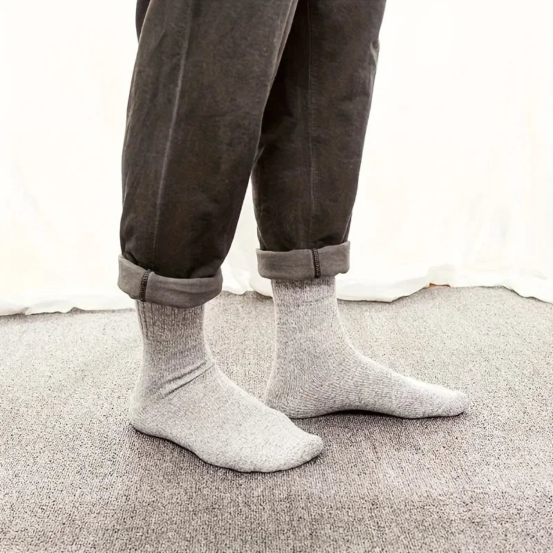 3/5 Pairs Men's Warm Socks, Thick Towel Mid-Calf Socks, Anti-Cold Snow Boots Socks Elastic Solid Color