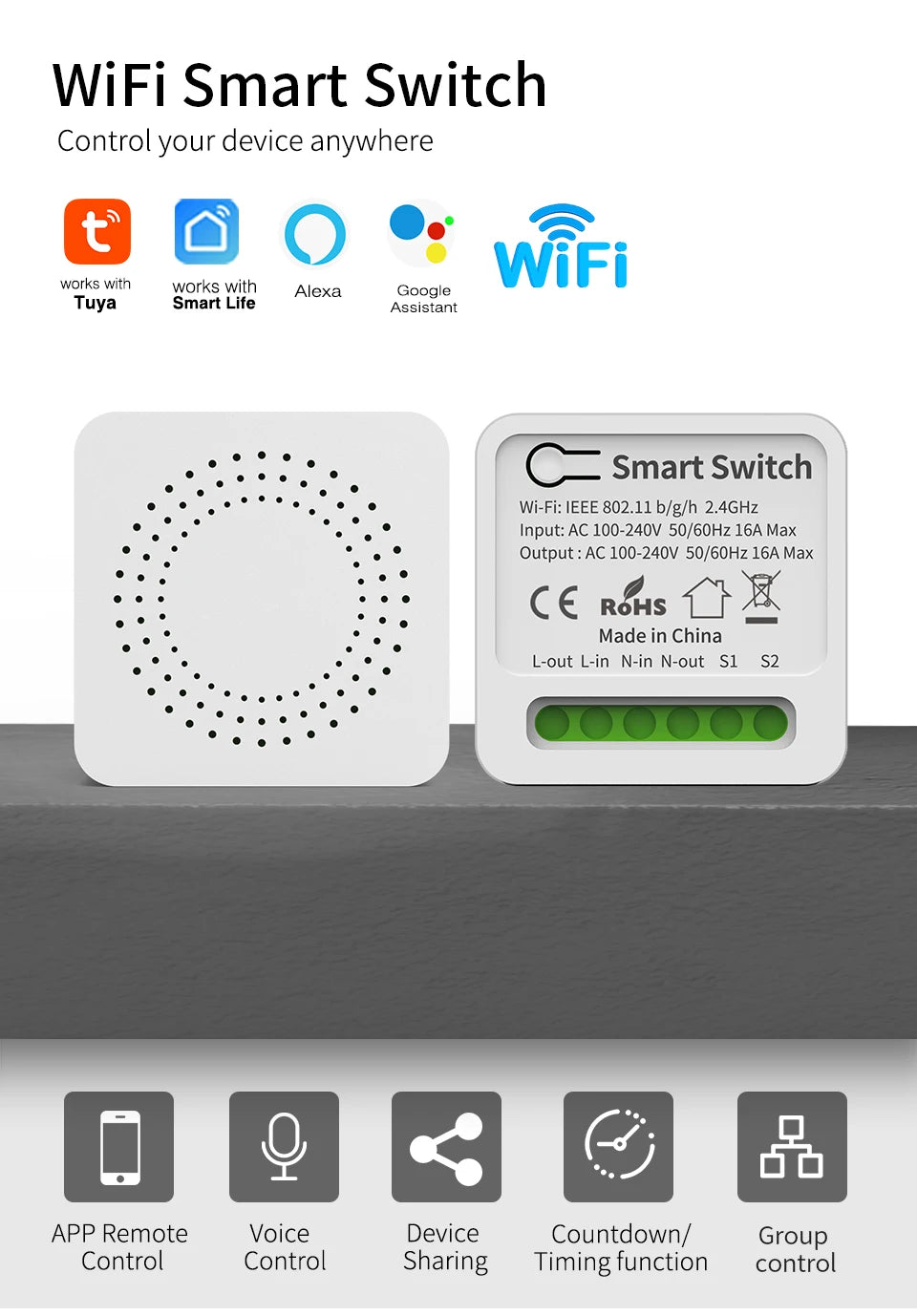 Tuya 16A MINI Wifi Smart Switch DIY 2-way Control Relay Timer For Smart Life Work With Alexa Google Home Yandex Alice