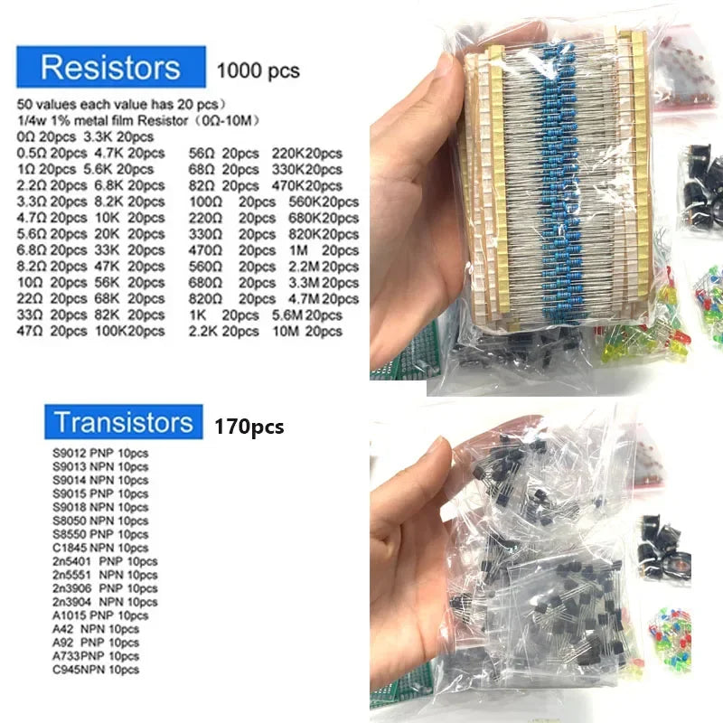 1818PCS Common Capacitors Resistors Capacitors T0-92 LED Transistors PCB Board DIP-IC RM065 diodes Electronic Components Kit - Shoppiline