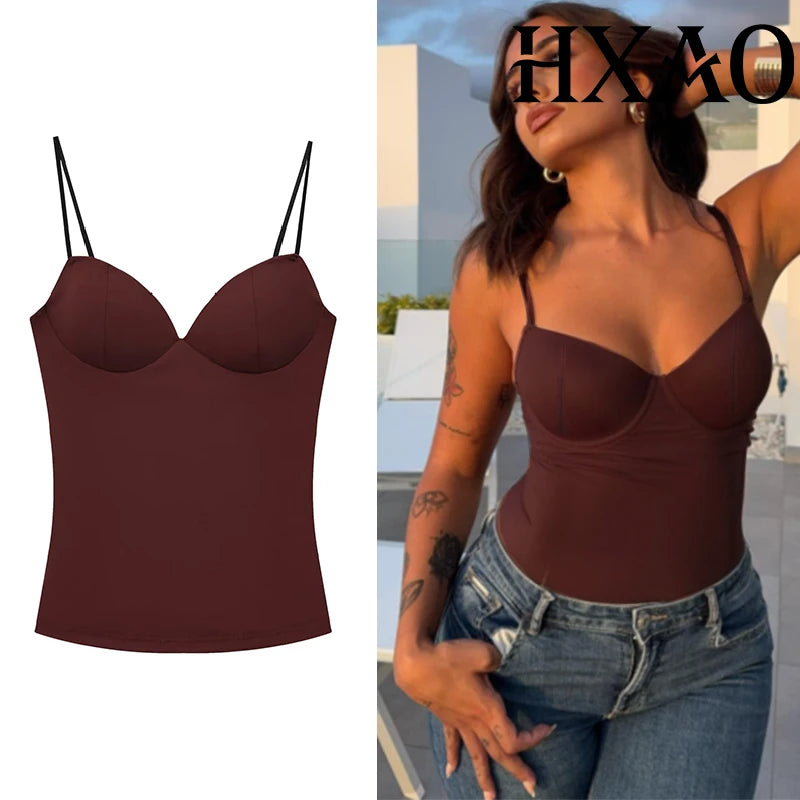 HXAO Sleeveless Crop Tops For Woman Corset Camisole Brown Top Women Bodycon Backless Sexy Tops With Straps Bustier Tank Tops