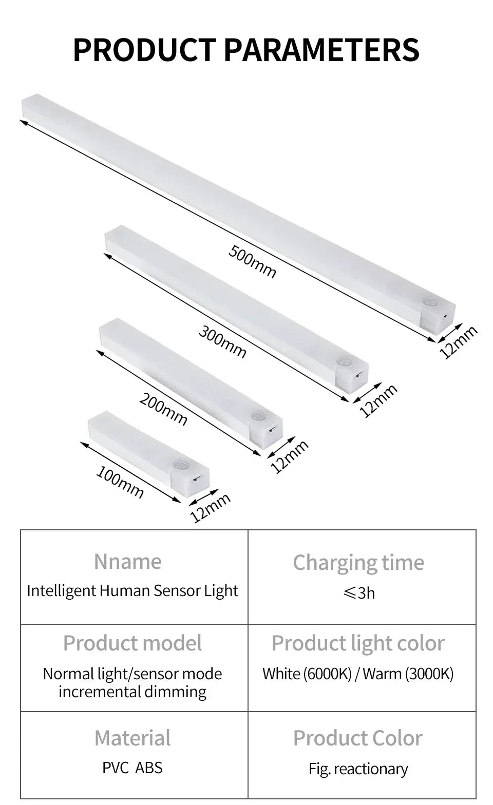 LED Motion Sensor Light Wireless Night Light Rechargeable Long Strip Bar Lamp for Kitchen Cabinet Wardrobe Bedside Staircase