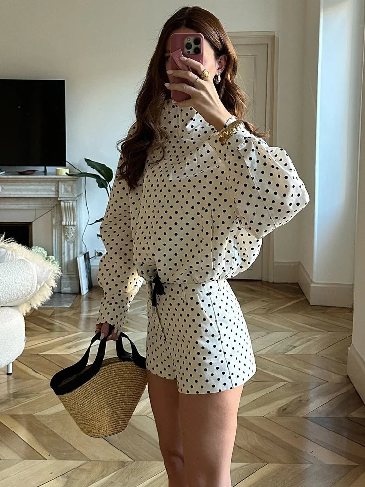 HH Fashion Women's Polka Dot Print Short Coats Autumn Long Sleeves Turtleneck Zipper With Pockets Drawstring Casual Jacket