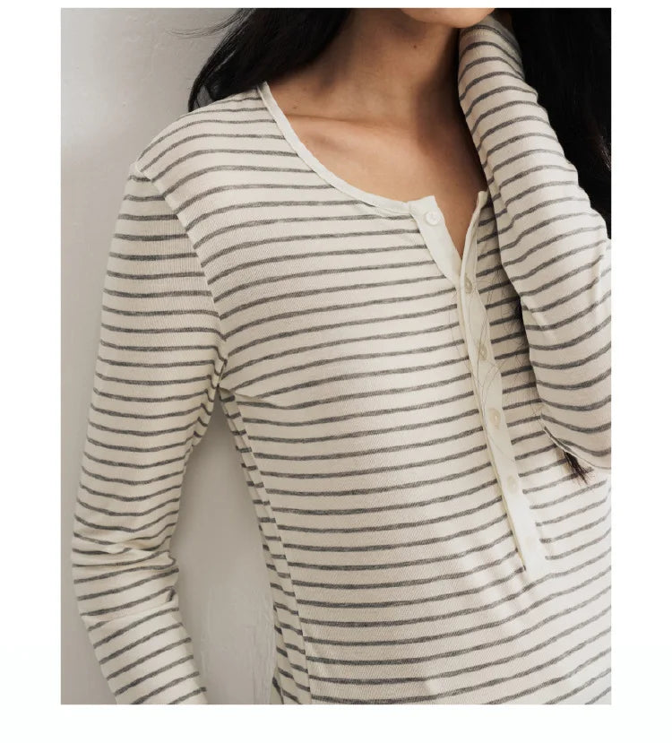 Silk Wool Basic Shirt For Women Autumn Winter Round Button Neck Slim Knitwear, Solid Color Striped Long Sleeve Top