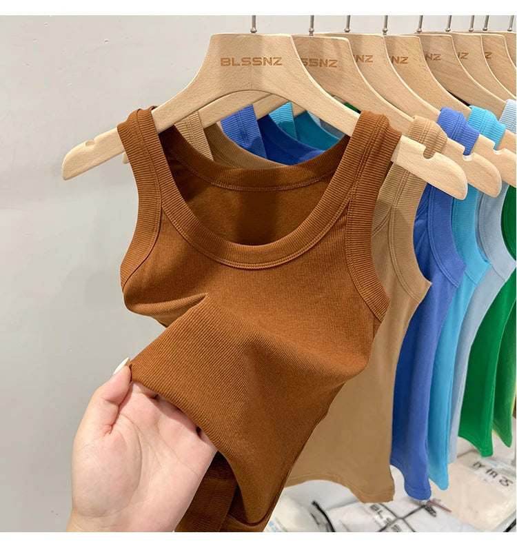 zjaiss Women Solid Round Neck Ribbed Tank Top Camisole Women 2026 Summer Basic Elastic Tank Top O Neck Solid Tank Top