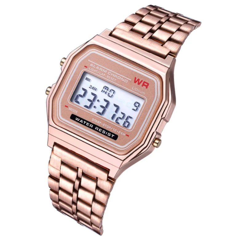 F91W Nicht wasserdichte Stahlbanduhr für Damen, Herren, Business-Uhr, multifunktionale LED-Digital-Sportuhr, elektronische Uhr