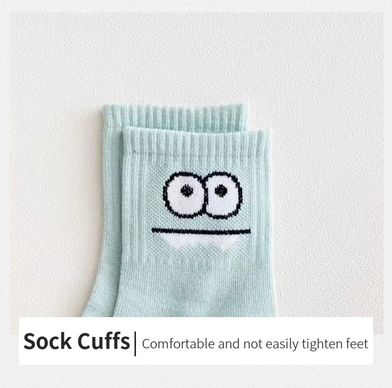 5 Pairs Cute Expression Print Socks – Comfy Funny Mid-Calf Crew Socks, All-Match Women’s Cotton Rich Casual Socks
