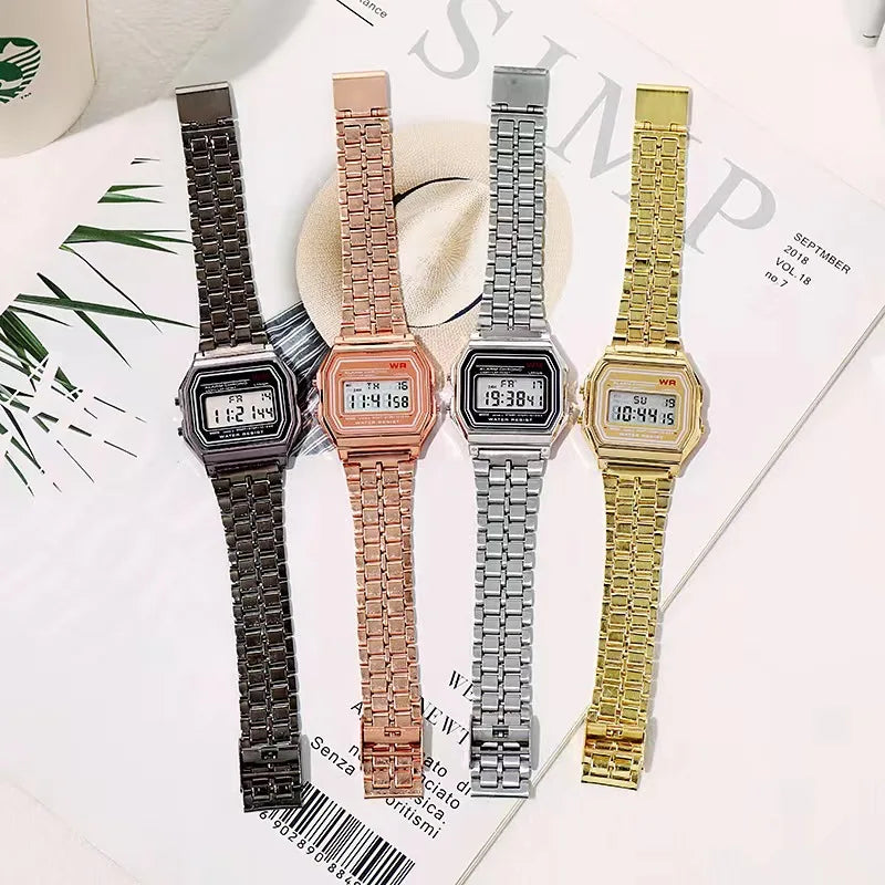 F91W Nicht wasserdichte Stahlbanduhr für Damen, Herren, Business-Uhr, multifunktionale LED-Digital-Sportuhr, elektronische Uhr