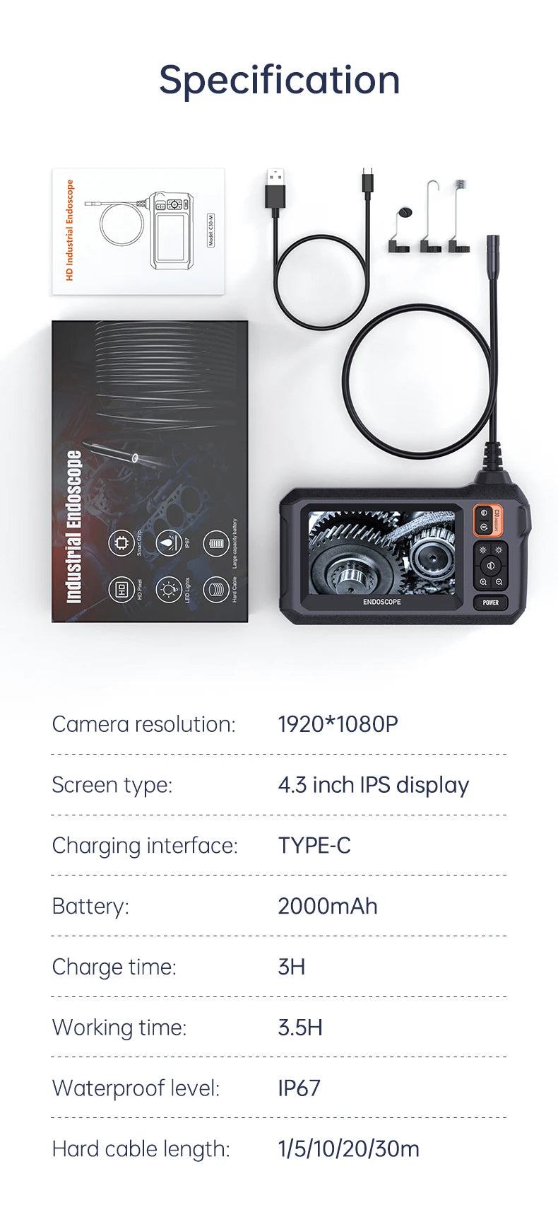 Industrial Endoscope Camera 8mm HD1080P 4.3inch IPS Screen 1080P Pipe Inspection Camera for Car Repair IP67 Waterproof 8 LEDS - Shoppiline