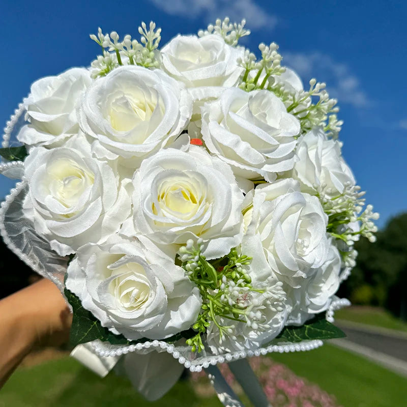 Wedding Bouquets for Bride Babysbreath Rose Bridesmaid Bouquets Silk Ribbon Valentine's Day Decoration Pearl Lace Mesh Ball Gift