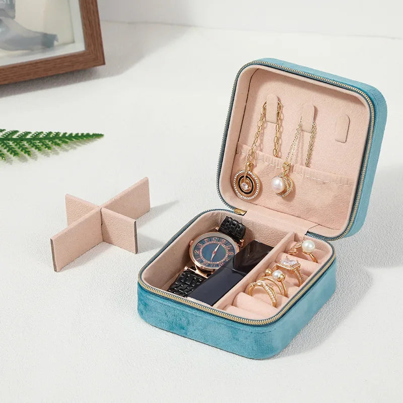 Boîte à bijoux en velours pour femmes, organisateur de colliers, bagues, boucles d'oreilles, étui de rangement portable carré à fermeture éclair