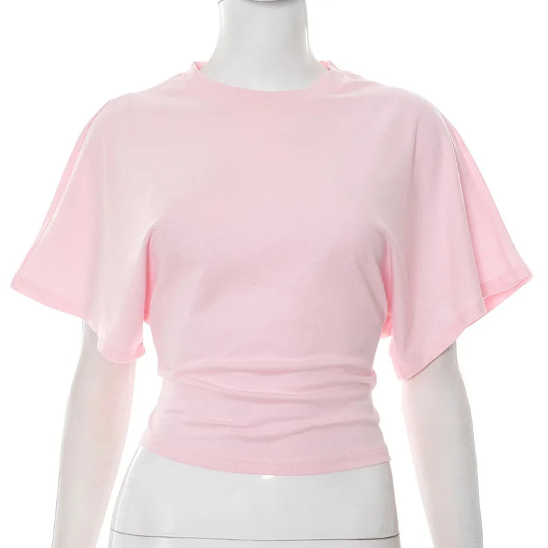 Women's New Arrival Solid Colour Pure Cotton Crew Neck Pullover Short-Sleeved Loose-Fit Waist-Defining Cropped Top with Exposed