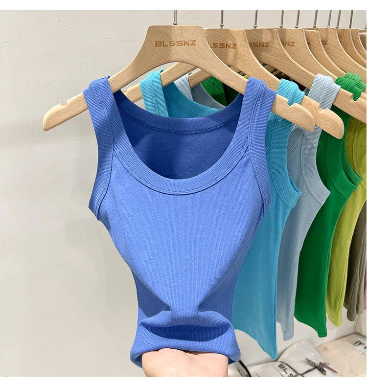 zjaiss Women Solid Round Neck Ribbed Tank Top Camisole Women 2026 Summer Basic Elastic Tank Top O Neck Solid Tank Top