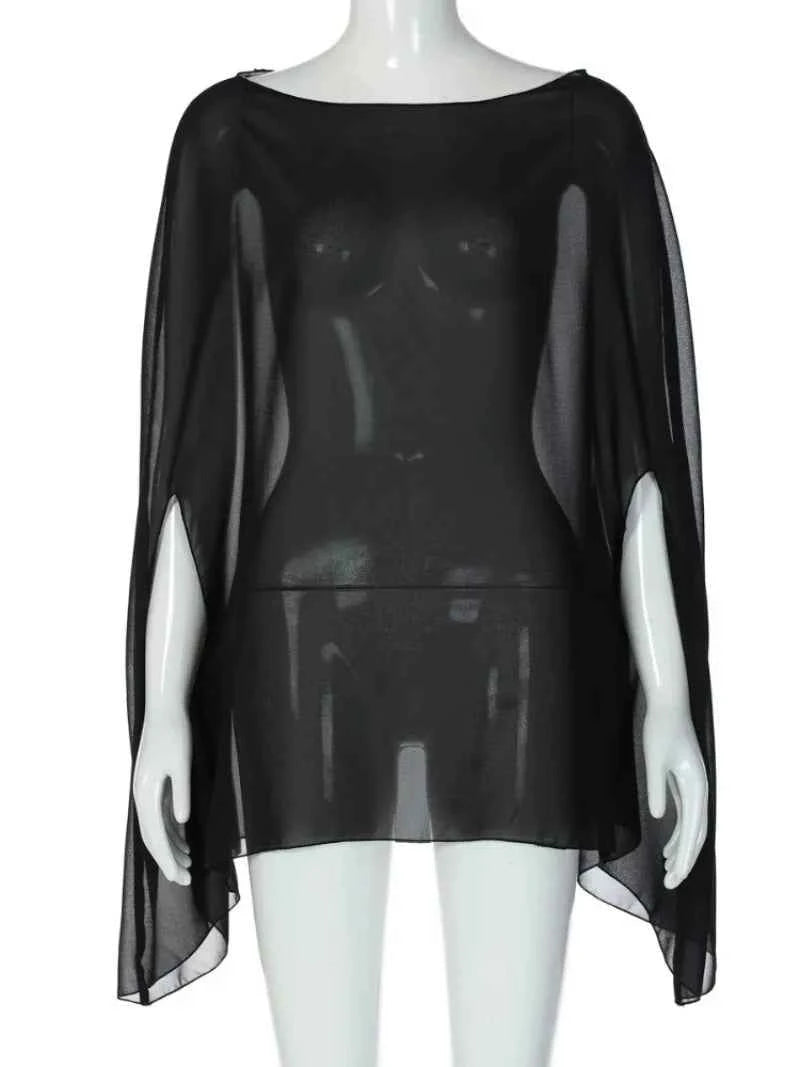Woman Clothes See-through Chiffon Blouses Sexy Fashion Solid Cover-ups Ladies Elegant Night Club Tops White Black Streetwear