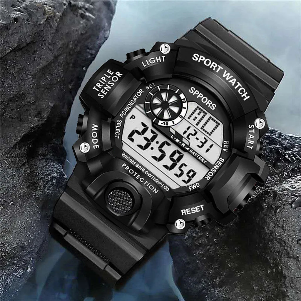 Mode Herrenuhr Sportliche elektronische Armbanduhr Großes Zifferblatt Multifunktional Wasserdicht Leuchtend Alarm Kinder Militäruhr für Herren
