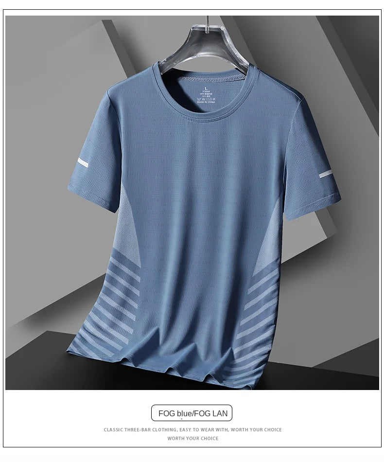 Laufendes T-Shirt Herren Sommer Eisseide Dünnes Oberteil Reflektierender Druck Schnell Trocknend Kurzarm Atmungsaktives Fitness Sport T-Shirt 5XL