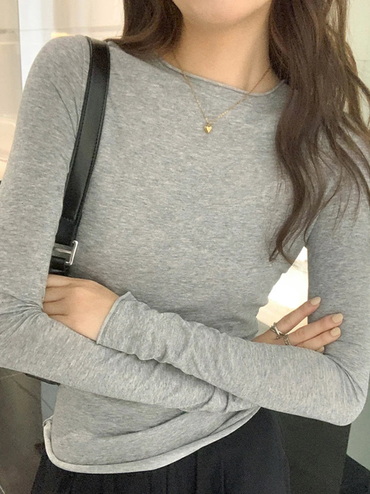Spring Autumn T shirt Women Tops Solid Long Sleeve Ruched O Neck Tshirts Female Korean Casual Streetwear High Quality Base Tees