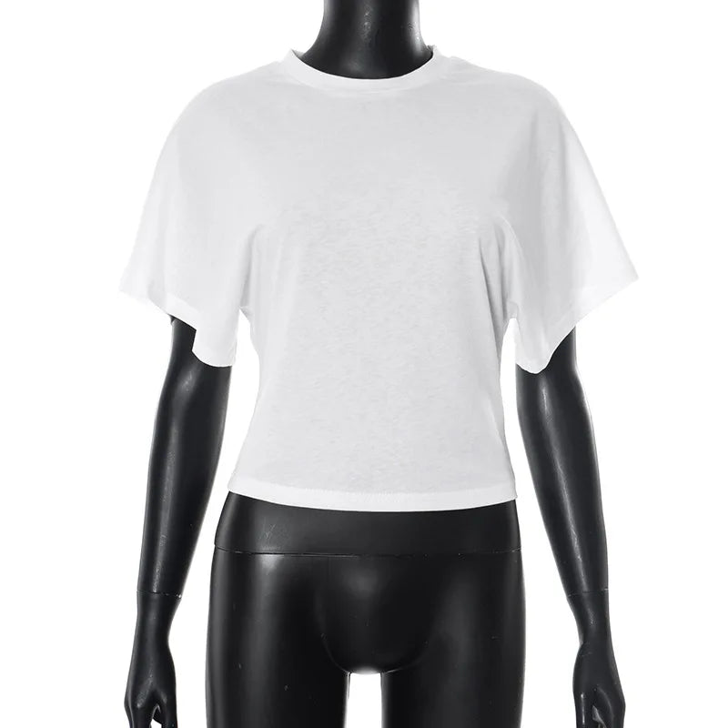 Women's New Arrival Solid Colour Pure Cotton Crew Neck Pullover Short-Sleeved Loose-Fit Waist-Defining Cropped Top with Exposed