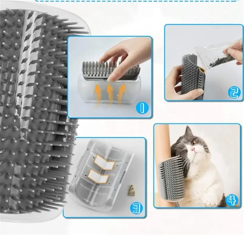 Wall Mount Corner Cat Self Groomer Comb Ergonomic Pet Massage Hair Remover Brush Space Saving Indoor Kitten Scratching Toy Easy