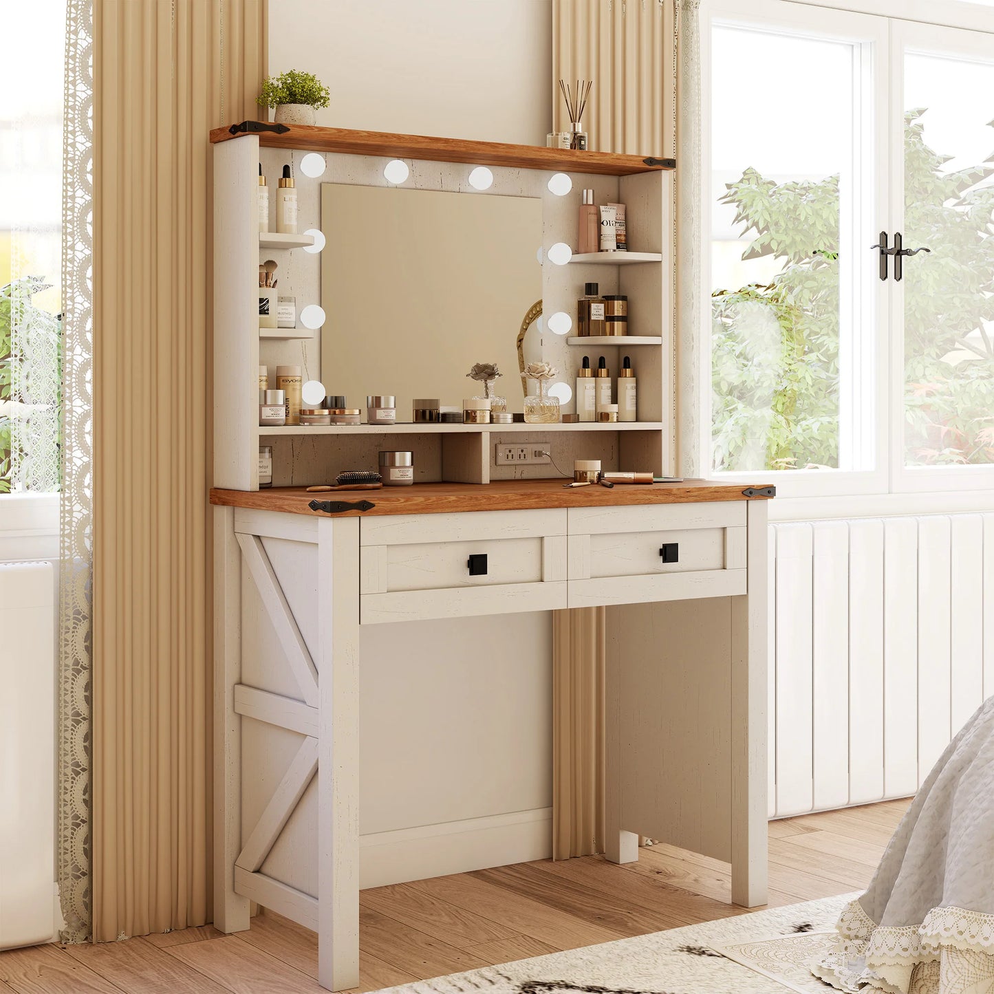 Petite coiffeuse avec miroir et lumières, en bois, avec tiroirs de rangement et station de charge, pour chambre de femme ou petit espace.