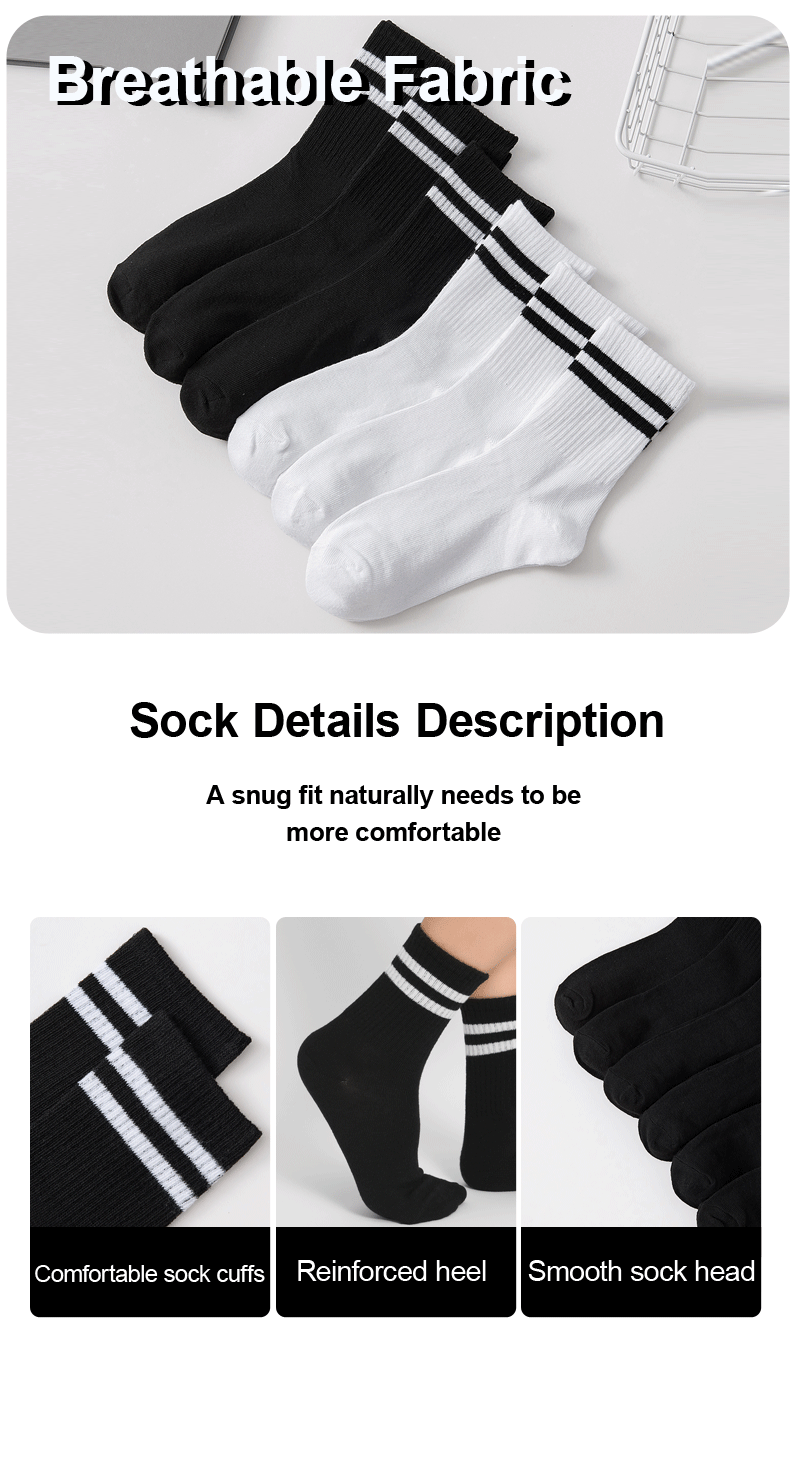Lot de 6 paires de chaussettes hautes mi-mollet pour femme, noir et blanc pur, avec rayures parallèles, populaires et absorbantes.