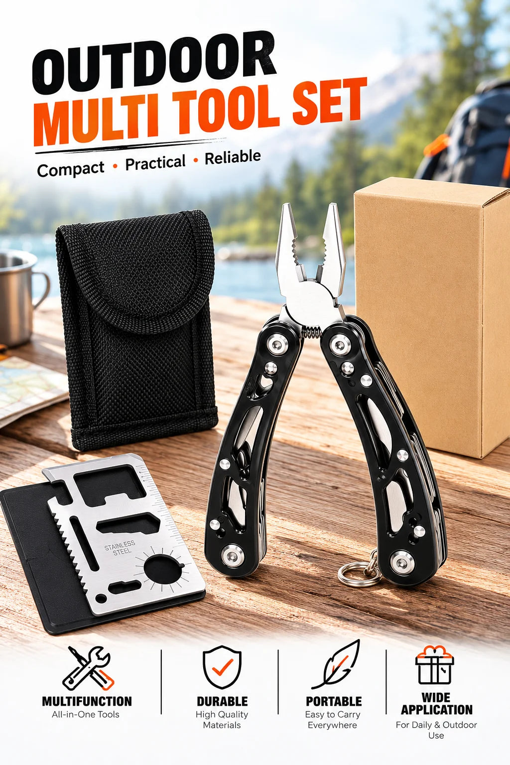 2PCS Outdoor Multi Tool Set, Folding Pliers and Pocket Card Tool for Camping Repair, Portable Emergency Hand Tools