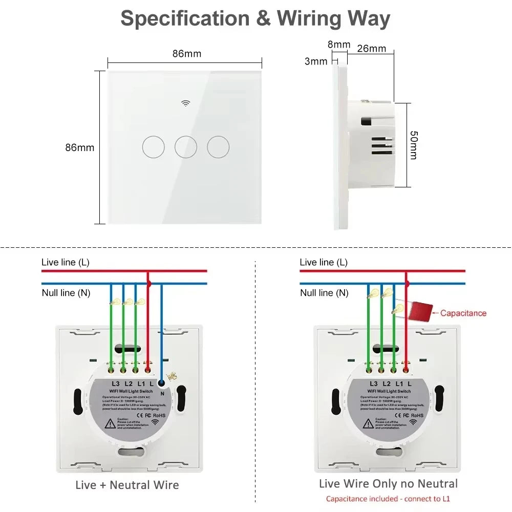 EU WiFi RF 433mhz Smart Wireless Touch Wall Light 1/2/3/4 Gang with Switch Button 220V with no Neutral EU Tuya Alexa Google - Shoppiline