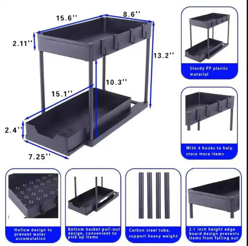 Under Sink Organizers 2 Tier Under Bathroom Cabinet Holder with Hooks & Hanging Cup, Multi-Purpose Storage Shelf for  Kitchen - Shoppiline