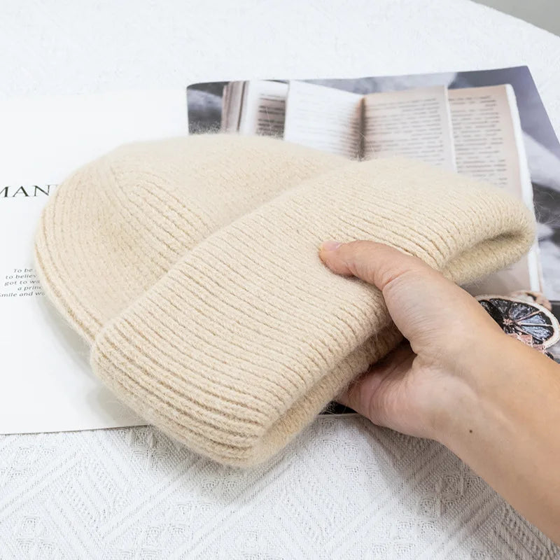 Bonnets d'hiver pour femmes en fourrure de lapin tricotés, bonnets épais à revers, bonnets amples et doux pour le ski.